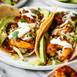 Shrimp Tacos With Cilantro Lime Bacon Slaw