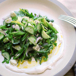 Spring Vegetable And Arugula Salad With Labneh And Cucumbers