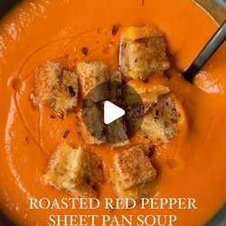 Sheet Pan Roasted Red Pepper Soup With Grilled Cheese Croutons