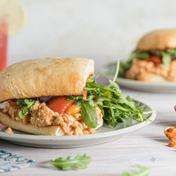 Romesco Chickpea Sandwiches With Roasted Vegetables &amp; Lemony Arugula