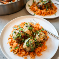 Tomato Basil Chicken Meatballs With Creamy Tomato Rice
