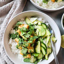 Spicy Tofu Rice Bowls With Cucumber Salad