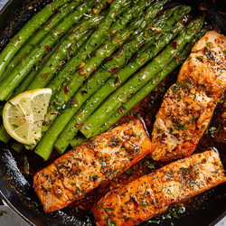 Garlic Butter Salmon With Lemon Asparagus Skillet